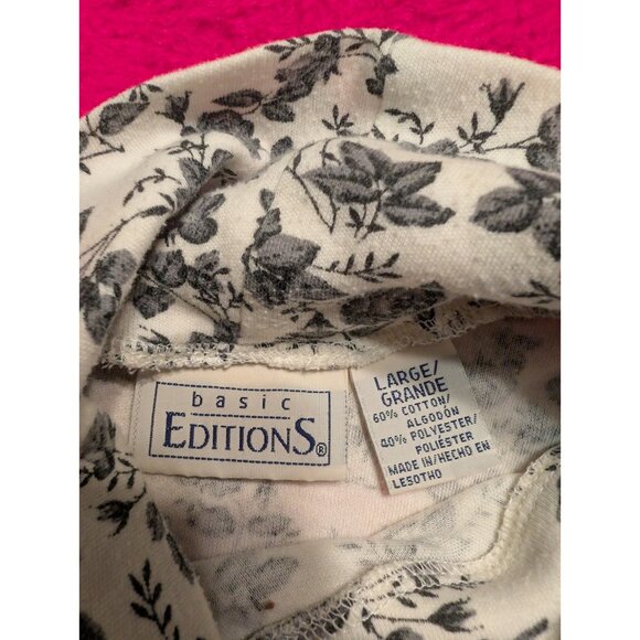 Y2K Basic Editions Women’s Large Mock Neck Long Sleeve Top Black White Floral - Picture 4 of 5